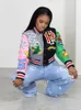 Frauen Jacke Casual Baseball Gedruckt Patchwork Button Up Lose Crop Top Mäntel Herbst Dame Streetwear Bomber Jacke 231116