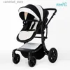 Poussettes # Poussette bébé 2023 Nouveau-né bébé voiture rouge chariot bébé poussette voiture sur roues en cuir bébé landau multi-fonctionnel pli poussette Q231116