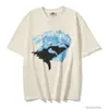 Designer de moda roupas de luxo camisetas cr representa clo tubarão impressão manga curta camiseta feita de velho americano high street