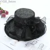 Wide Brim Hats Bucket Hats Summer Flower Organza Beach Cap Kenducky Big Fascinator Hats Wedding Rhinestone Sun Hat Women Elegant Wide Brim Chapeau Femme YQ231116