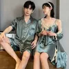 Women's Sleep Lounge Summer Couple Pyjamas Female Ice Silk Thin Section Sling Nightgown Robe Male Silk Short-sleeved Homewear Two-piece Suit zln231116