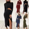 Work Dresses Long Sleeve Turtleneck Women Casual Suit Women's High Neck T-shirt Waist Bag Hip Slit Skirt 2023 Autumn And Winter