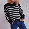 Women's Sweaters Neck Vintage Striped Sweater Pullovers For Women Casual Loose Long Sleeves Jumpers Autumn Female Drop Shoulder Kintting Top