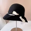 Berets elegante preto branco mulheres chapéu de lã quente feltro inverno fedora bowknot cloche bowler senhoras festa casamento