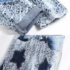 Men's Jeans Winter Leopard Tattered Snake Skin Embroidery Worn High Elastic 3D Inner Stars Zipper Bleached Slim Fit Pants Pocket