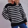 Women's Sweaters Neck Vintage Striped Sweater Pullovers For Women Casual Loose Long Sleeves Jumpers Autumn Female Drop Shoulder Kintting Top