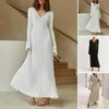 Casual Dresses Women Autumn Winter V-Neck blared långärmad maxi klänning midja tätt lös hem ribbad stickning midi party comfy slitage