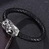 Charm Bracelets Punk Style Men Jewelry Black Braided Leather Bracelet Lion Stainless Steel Magnetic Clasp Male Wrist Band Gifts SP0071