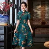 Ethnic Clothing Elegant Retro Women Traditional Mandarin Collar Qipao Summer Printed Satin Short Sleeve A-Line Cheongsam Dresses