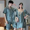 Women's Sleep Lounge Summer Couple Pyjamas Female Ice Silk Thin Section Sling Nightgown Robe Male Silk Short-sleeved Homewear Two-piece Suit zln231116