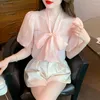 Damesblouses Koreaanse kantoor dame elegant veter boog shirt vrouwen mode satijn lantaarn mouw 2023 zomer vrouwelijke witte blouse top