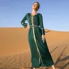 Ethnic Clothing Eid Abaya Dress For Women Dark Green Luxury Diamond Ribbon V Neck Ruffle Long Sleeve Loose Belted Dubai Morocan Caftan