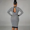 Vestidos casuais básicos houndstooth impressão mulheres manga longa midi vestido oco out bodycon sexy streetwear outono inverno clube elegante magro 231116