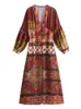 Robes décontractées Style bohème imprimé robe midi pour femmes élégant vintage col en v lanterne manches automne patchwork