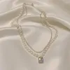 Hanger Kettingen Zoetwaterparel Dubbellaags Ketting Vierkant Kristal Sleutelbeenketting Delicaat en Elegant Temperament Voor Vrouwen