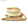 قبعات واسعة الحافة دلو القبعات Hoaree Cowboy Hat Panama Str يدويًا قبعة صيف شاطئ شاطئ واسع الحافة القبعات Sombreros de Mujer YQ231116