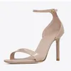 Fashion Women Sandals AMBER 85 mm Pumps Italy Delicate Black Nude Patent Leather Peep Toes Clare Sling Button Design Summer Evening Dress Sandal High Heels Box EU 35-43