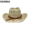 Wide Brim Hats Bucket Hats HOAREE Women Western Cowboy Hat Summer Beach Sun Hat Handmade Beach Casual Str Cap Wide Brim Cowgirl Costume Accessories YQ231116