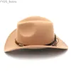 Szerokie brzegowe czapki wiadra kapelusze misty jesienne zima dzieci chłopcy dziewczęta Western Cowboy Hat Wide Rzem Cowgirl Cowgirl Cap z ręcznie działającym zespołem 54 cm YQ231116