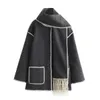 Women's Wool Blends Black Grey Women's Coat Loose Wool Jacket Autumn Scarf Outerwears Trend Elegant Vintage Fashion Contrast Stylish Chic Warm 231116