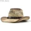 Breda randen hattar hink hattar män kvinnors sommarklassiker Western Cowboy Str Hat raffia ihålig cowboyhatt med punk rep kvinnor västra brett curling brim cap yq231116