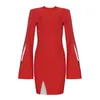 Casual Dresses Beateen 2023 Autumn Winter Long Flare Sleeve Bandage Dress Red Black Mini Bodycon Solid Mesh Insert Sexy Club Party