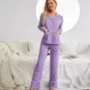 Women's Sleepwear Full Sleeve Shirt Purple Turn-down Collar Pajamas Womens Bathrobes Home Suit Sleep Female Clothes 2 Piece Sets Cardigan S M L XL 231116