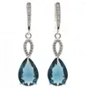 Kolczyki Dangle 40x10 mm Jazaz 6.1G London Blue Topaz Aquamarine CZ Samice Codzienne zużycie 925 Solidne srebro