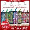 Oryginalny Uzy Bar 8000 Puffs 800 Dostęp e-papierosy do ładowania Vape Pen Device 8K Puff 8000 1100 ml 14 ml Waporyzatory z cewki z siatką z smykiem 0% 2% 3% 5%