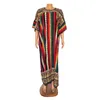 Ethnic Clothing Stripe Fashion African Dresses Women Abayas Dubai O-neck Short Bat Sleeve Robe Cotton Loose Maxi Dress With Big Scarf