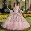 Abiti stile Quinceanera rosa per ragazza dolce in rilievo con paillettes applique in pizzo abito da ballo per laurea abiti da 15 anos