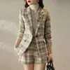 Ternos femininos fino xadrez de lã blazer primavera outono manga longa 2023 tweed moda casual shorts terno feminino