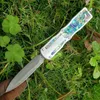 Top Quality High End Damascus Auto Tactical Knife Damascus Steel Double Edge Spear Point Blade 6061-T6 + Abalone shell Handle With Nylon Sheath