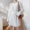 Vestidos casuais foryunshes vestido de suéter feminino malha de malha sólida renda para cima coreana chique manga de malha de inverno de inverno elegante jumper longo