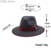 Wide Brim Hats Bucket Hats Simple Wool fedora hat Feather band wide brim solid round top women hats classic simple formal dress church Gray winter hat YQ231116