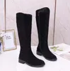 Stivali firmati Stivali di lusso con tacco medio a botte lunga Marchio classico di moda Tessuto marrone Stivali in pelle alla coscia in pelle nera Stivali alla coscia