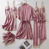 Damen-Schlaflounge, weiße Spitze, Nachtwäsche, Damen, 5-teiliges Set, Frühling, Satin-Bademantel, Nachthemd, Schlafanzug, Homewear, Kimono-Pyjamas, Nachthemd, Loungewear zln231116