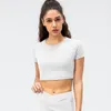 Actieve shirts 2023 Spring dames sport crop tops korte mouw nylon yoga zwart strakke strakke hoog elastische hardloop fitness wokout gym