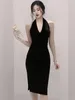 Casual Dresses Summer Evening Dress For Women Black Chic Sexy Halter Sleeveless Slim Wrap Hip Midi Party Club Prom Mujer Vestido Street