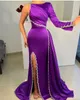 2023 Designer Purple Mermaid Prom Dresses One Shoulder Beaded Side Slit Applique Satin Custom Made Long Sleeves Evening Gown Formal Ocn Wear Vestidos Plus Size 403