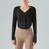 Aktive Shirts Yoga Frauen Gym Fitness Lose Langarm-Bluse mit V-Ausschnitt Dünne und transparente atmungsaktive Oberteile Runder Saum Kühl und bequem