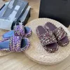 Chinelos de marca coloridos roxo malha palha tecido grosso solas para outwear feminino casual versátil sandálias planas