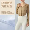 Aktive Shirts Yoga Frauen Gym Fitness Lose Langarm-Bluse mit V-Ausschnitt Dünne und transparente atmungsaktive Oberteile Runder Saum Kühl und bequem