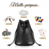 Sacs de rangement Petite pochette à cordon de serrage pour femmes Cadeau Caméra en cuir PU noir