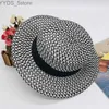 Wide Brim Hats Bucket Hats High-grade Summer Black White Plaid Wide Brim Flat Top Boater Hat Spring Women Grass Braid Sun Hat Party Wedding Formal Cap YQ231116