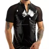 Men's T Shirts Men Top Shirt Black Wet Look Patent Leather See Through Sheer Short Sleeve Half Front Zipper T-Shirt Clubwear Pole Dance Costume