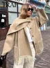 Women's Wool Blends TRAF Winter Coat For Woman Warm Woolen Coat With Tassel Scarf Casual Jackets Fashion Vintage Front Pocket Long Sleeve Jacket 231116