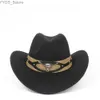 Breda brimhattar hink hattar mode ull kvinnor män ihåliga västra cowboy hatt roll-up wide brebentleman jazz sombrero hombre cap storlek 56-58cm med ko bälte yq231116