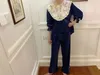 Ensembles de pyjama en velours bleu pour femmes automne hiver. Ensemble de pyjama en dentelle brodée de style vintage pour dames. Vêtements de nuit chauds vêtements de détente zln231116