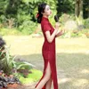 Ethnic Clothing 2023 Wine Red Long Cheongsam Women Elegant Lace Dress Short Sleeve Vintage Dresses Chinese Style Slim Qipao S To 4XL